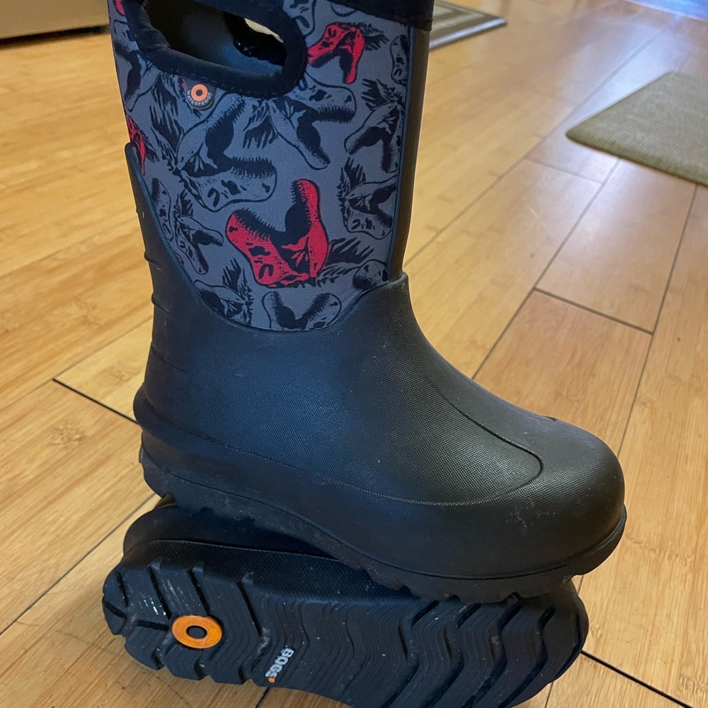 Bogs Black and Red Dinosaur Kids Rain Boots